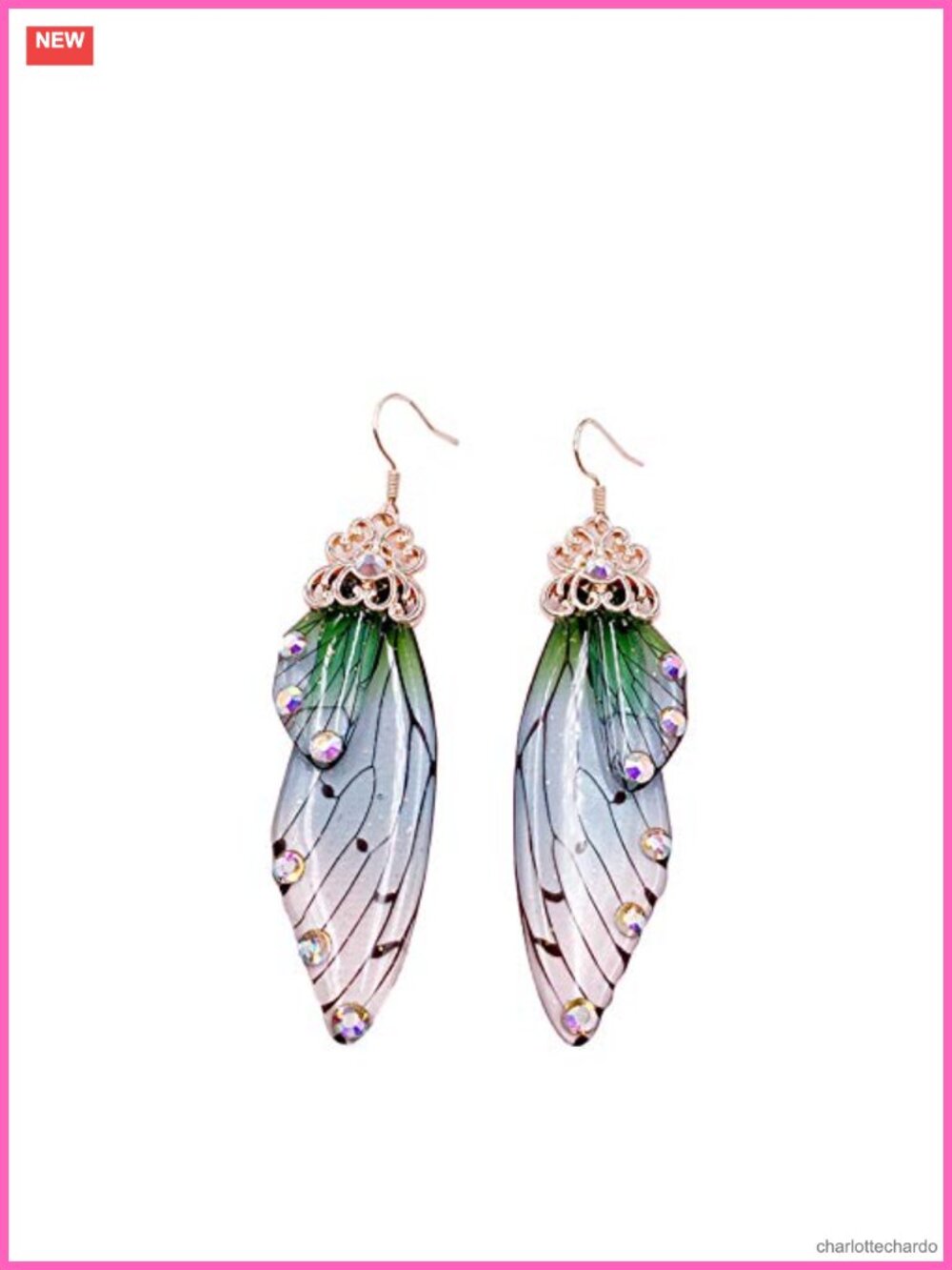Butterfly Wing Earrings Necklace Set Rhinestone Foil Drop Jewelry